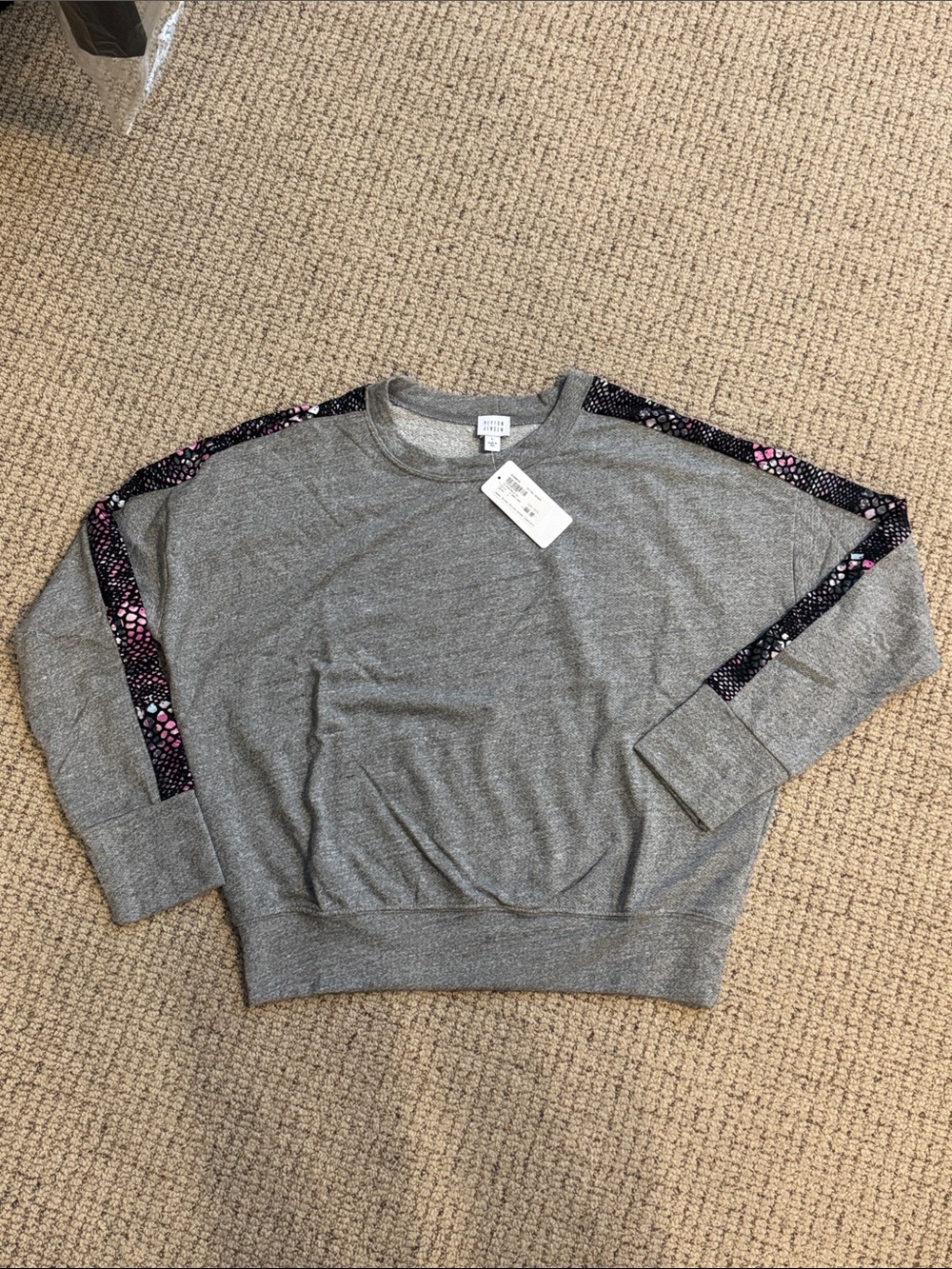 Gray Pullover Sweatshirt with Pink & Black Accent Stripes